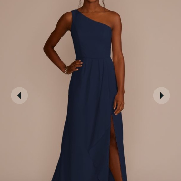 Davids Bridal Chiffon one-shoulder bridesmaid dress with cascade Navy/marine - Picture 2 of 12
